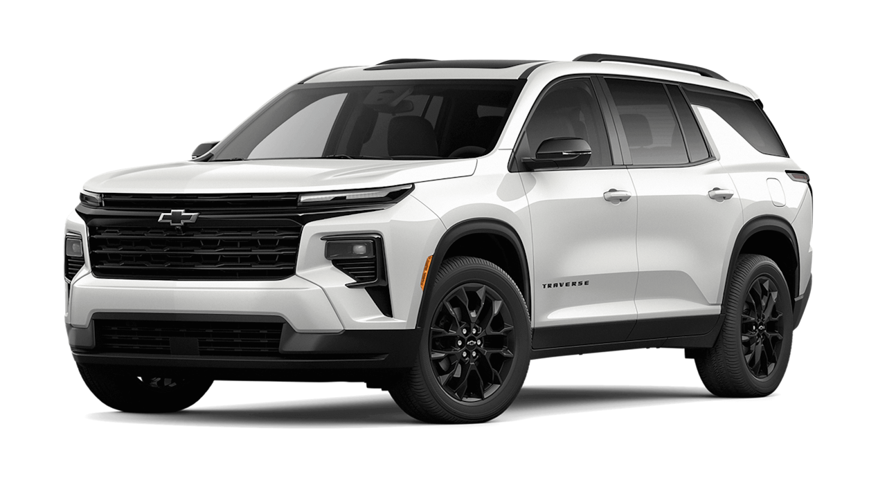 Chevrolet Traverse 2025 en color blanco granizado, destacando su diseño frontal moderno y robusto
