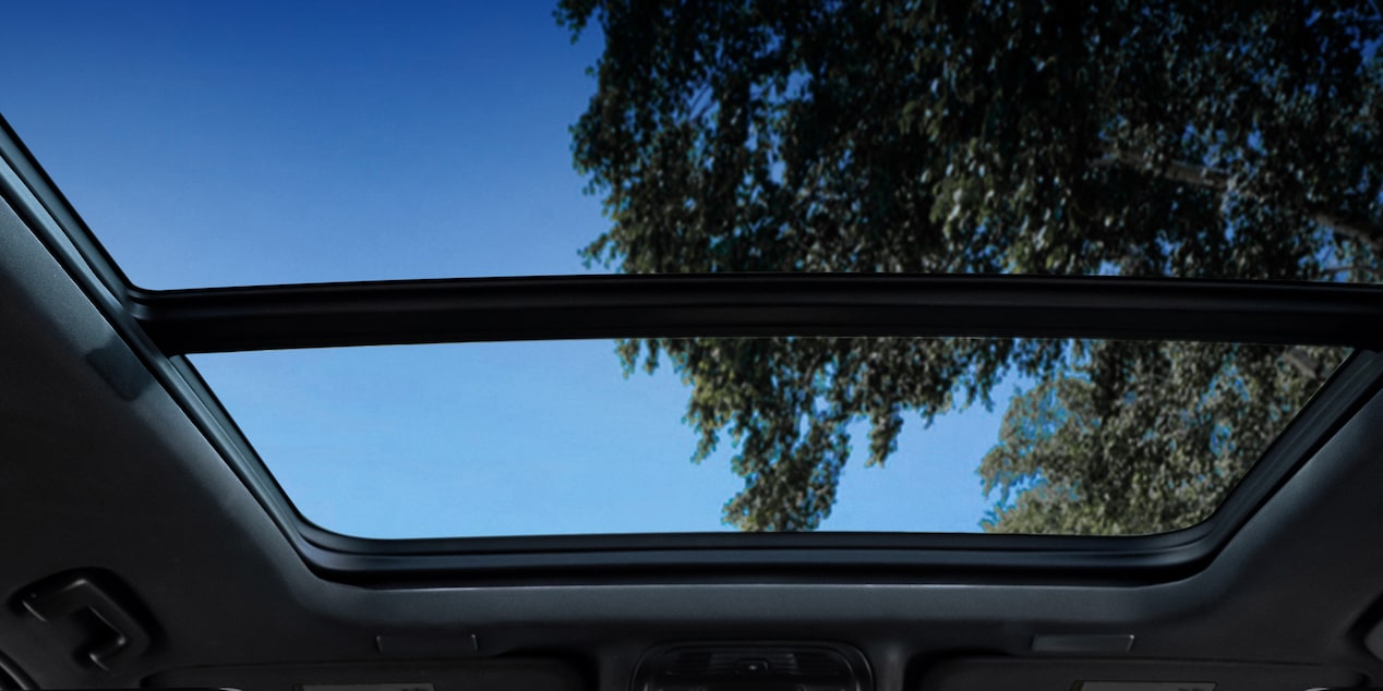 Sunroof panorámico de la Chevrolet Suburban con vista al cielo azul y árboles