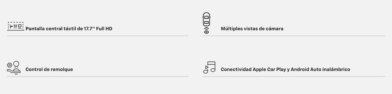 Tecnología Chevrolet: pantalla táctil de 17.7", múltiples vistas de cámara, control de remolque y conectividad Apple CarPlay y Android Auto
