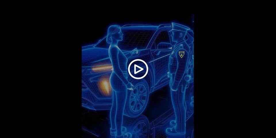 Marco de video predominantemente oscuro con elementos gráficos azules brillantes que representan a un policía hablando con un conductor cuyo coche está conectado a OnStar.